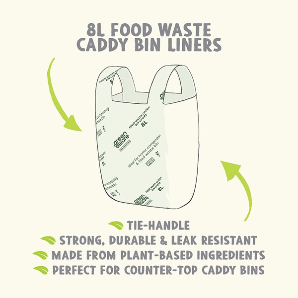 8L food waste caddy bin liners. Tie-handle. Strong, durable and leak resistant. Made from plant-based ingredients. Perfect for counter-top caddy bins