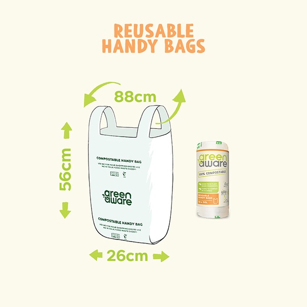 Dimensions of GreenAware 100% compostable reusable handy bag, 26 cm x 56 cm, 88cm