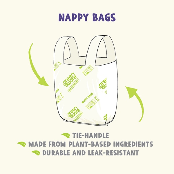Nappy bag, tie-handle, made form plant-based ingredients, durable and leak resistant