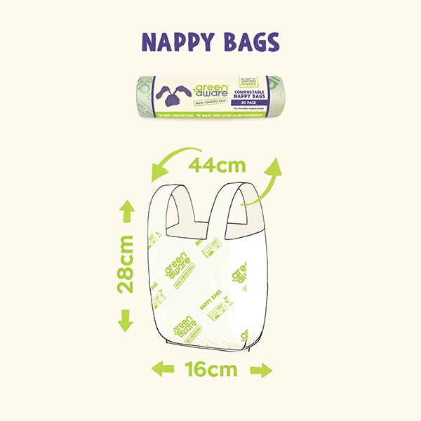 Dimensions of Green Awares compostable nappy bag, 16 cm x 28 cm x 44 cm