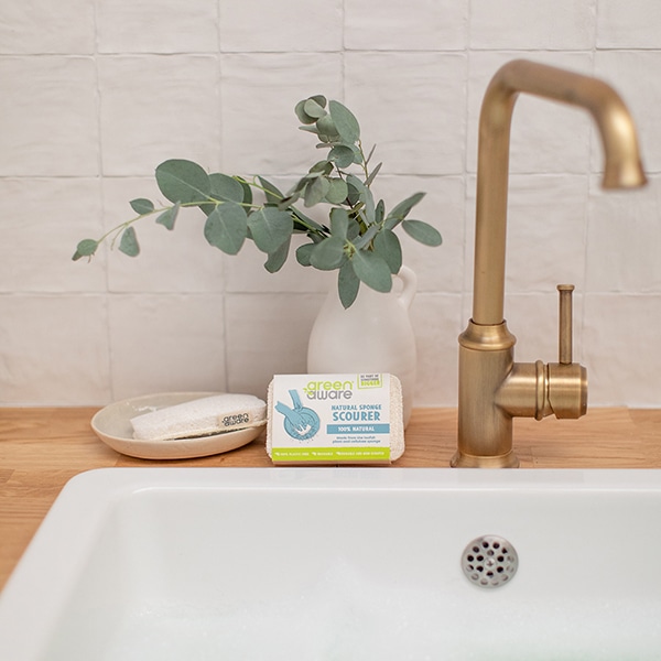 Natural sponge scourer displayed beside tap of kitchen sink